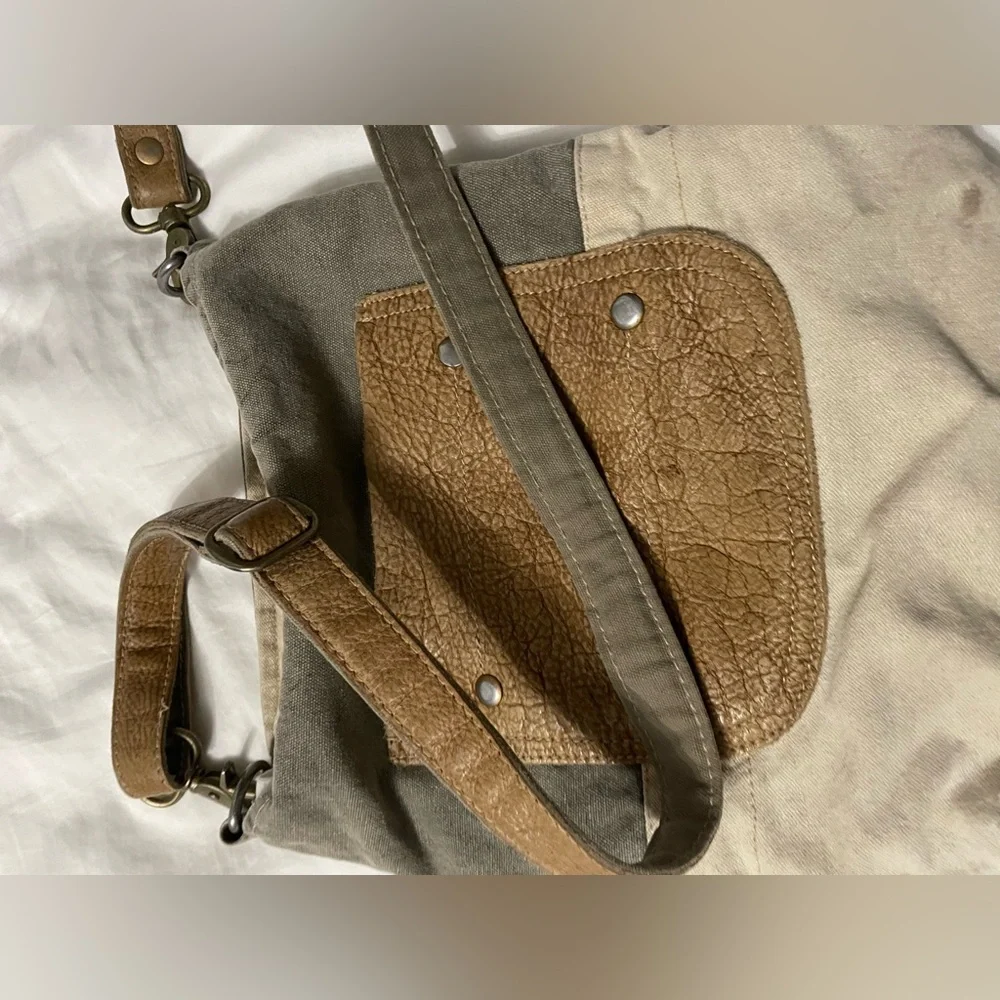 Gray Canvas and Leather Crossbody Bag with Tan Trim